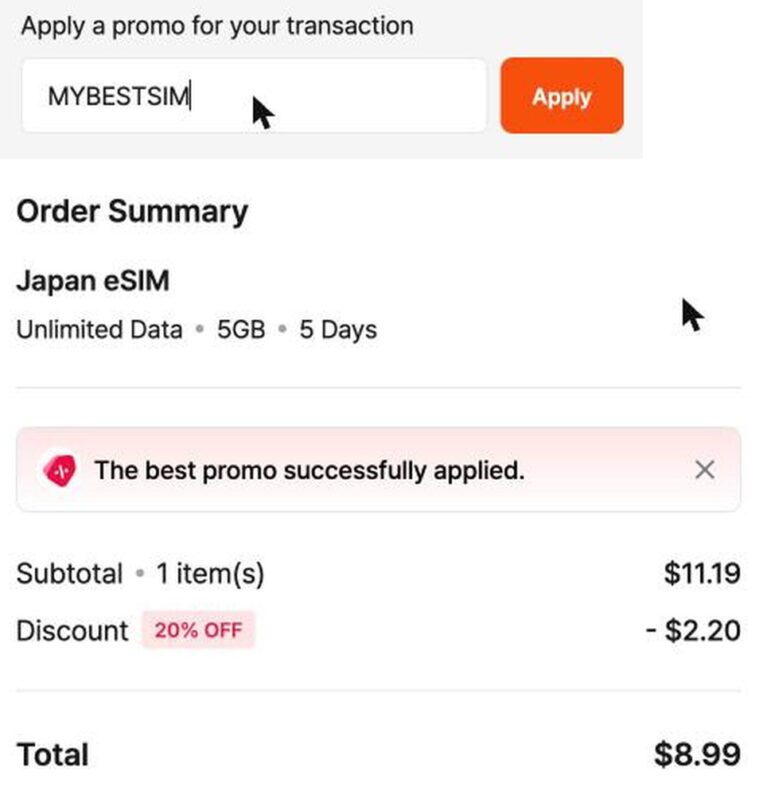 Ordresammendrag fra Superalink med rabattkoden MYBESTSIM brukt og -20% rabatt