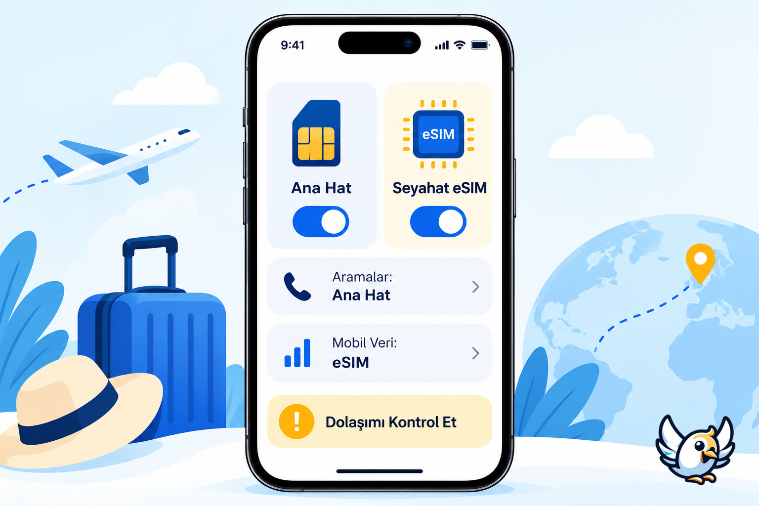 Tarifeye ek iPhone’da ana hat ve seyahat eSIM kullanımı şeması