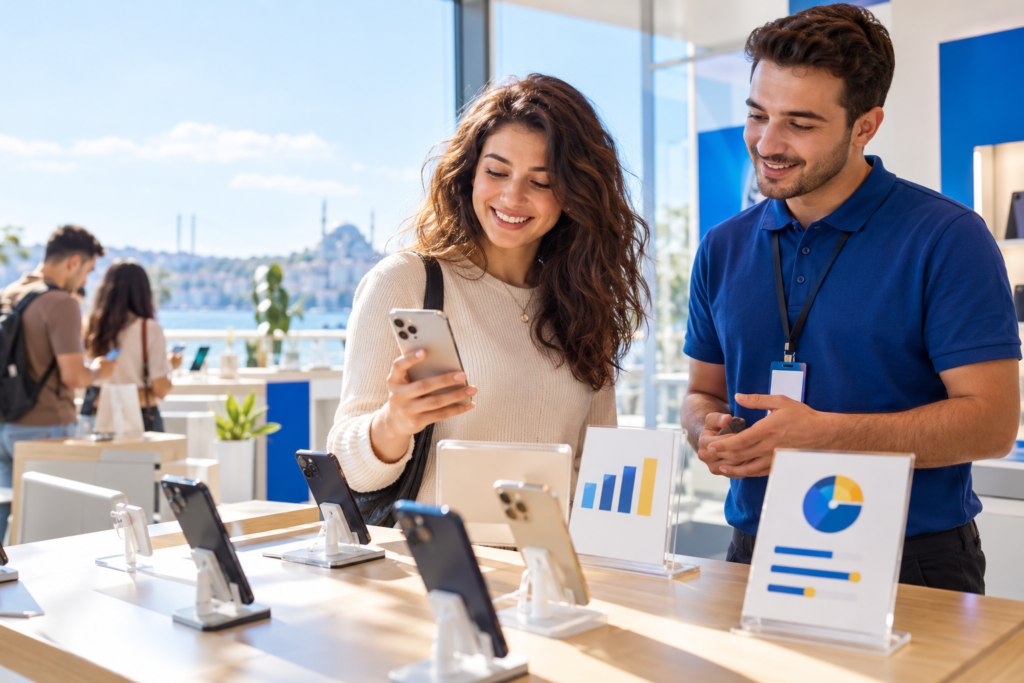 Tarifeye ek iPhone seçeneğini operatör mağazasında karşılaştıran kullanıcı