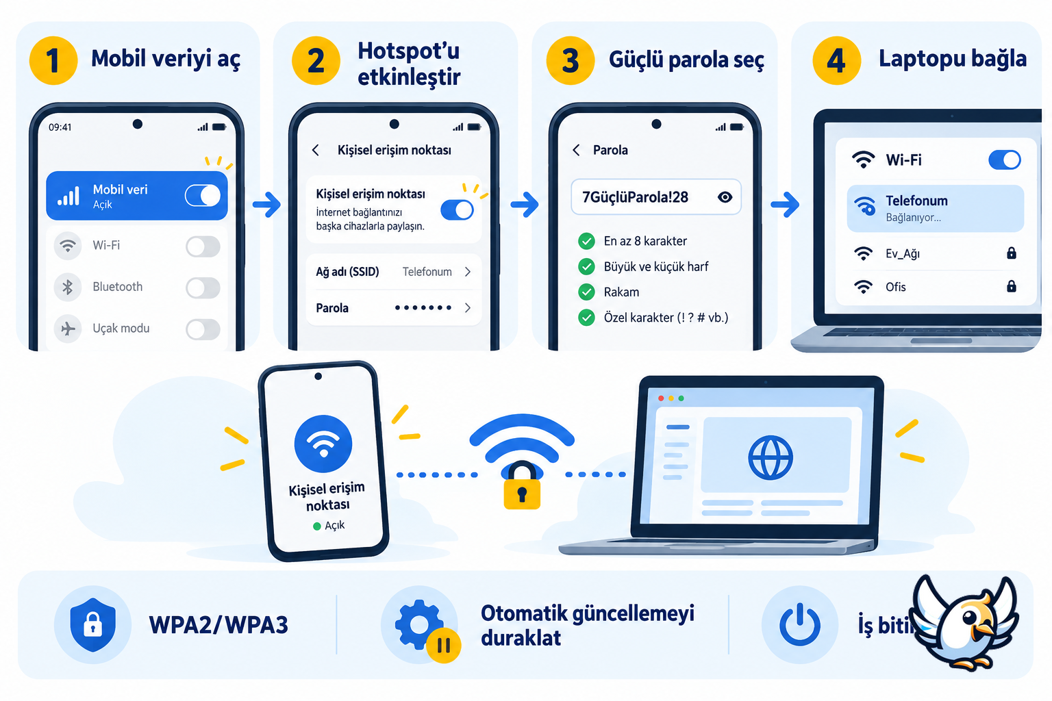 Telefon internetini laptop ile paylaşma adımları ve güvenli hotspot ayarları
