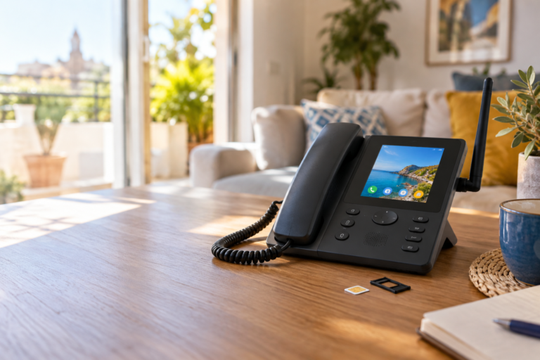 Teléfono fijo con tarjeta SIM 4G en un hogar moderno