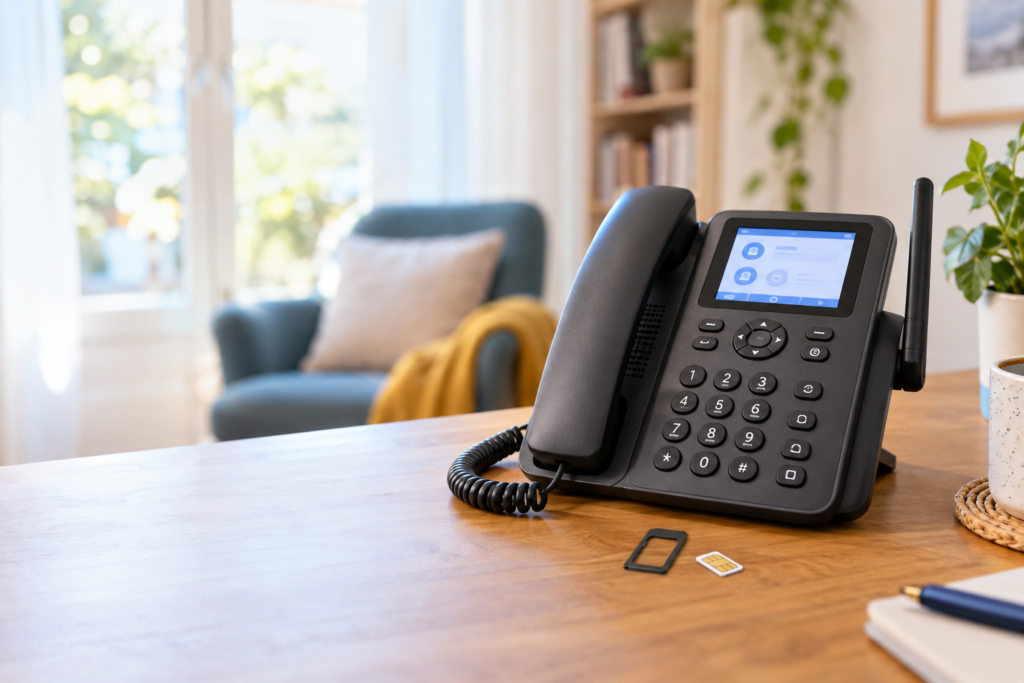 Téléphone fixe avec carte SIM 4G dans un intérieur français en 2026