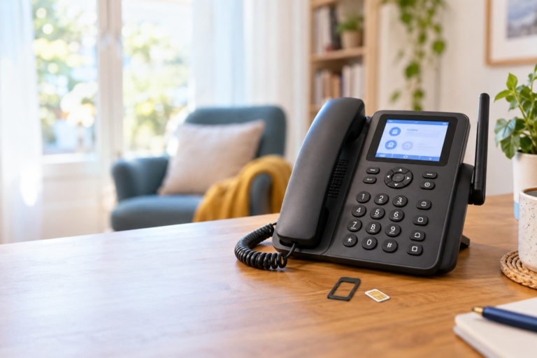 Téléphone fixe avec carte SIM 4G dans un intérieur français en 2026