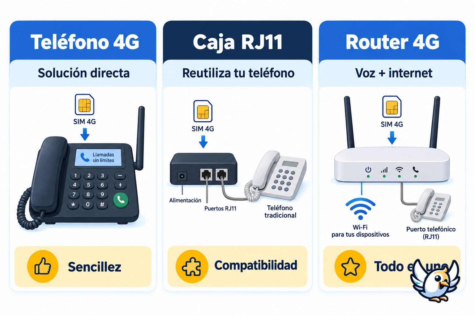 Tipos de teléfono fijo con tarjeta SIM: teléfono 4G, caja RJ11 y router