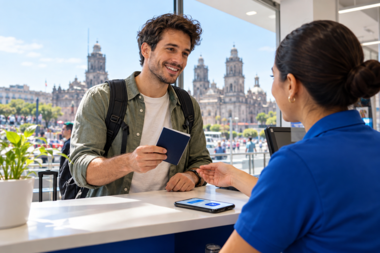 Tourist using a passport for Mexico SIM registration at a mobile service counter
