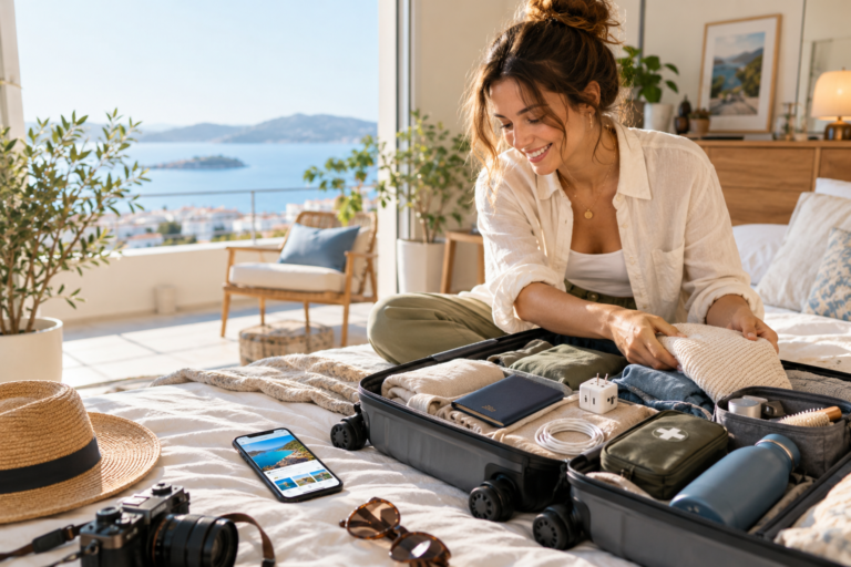 Travel essentials arranged in a carry-on suitcase for a 2026 trip