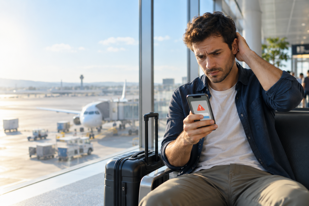 Traveler checking an unexpected eSIM roaming bill abroad at an airport