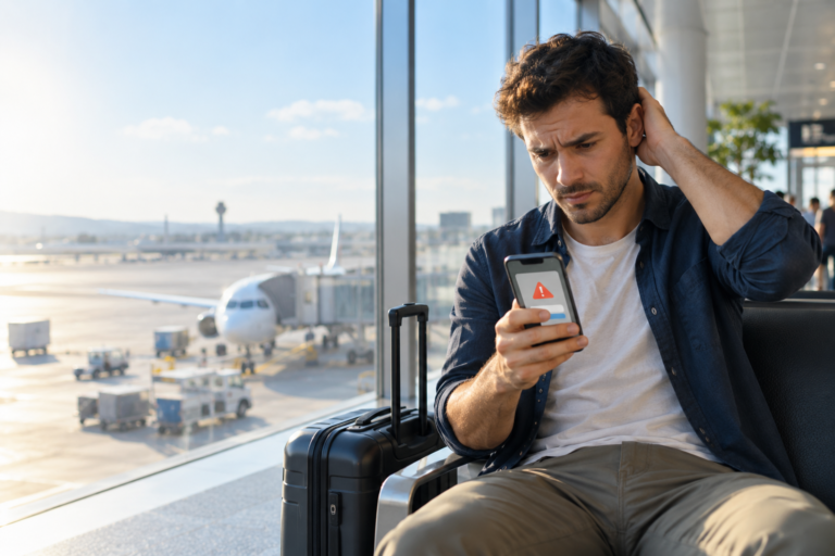 Traveler checking an unexpected eSIM roaming bill abroad at an airport