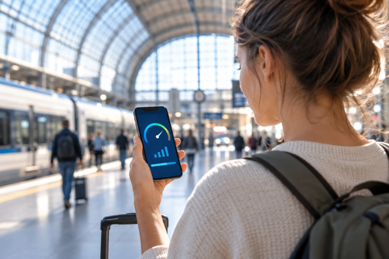 Velocidad 5G: viajera comprobando una conexión móvil rápida en su smartphone