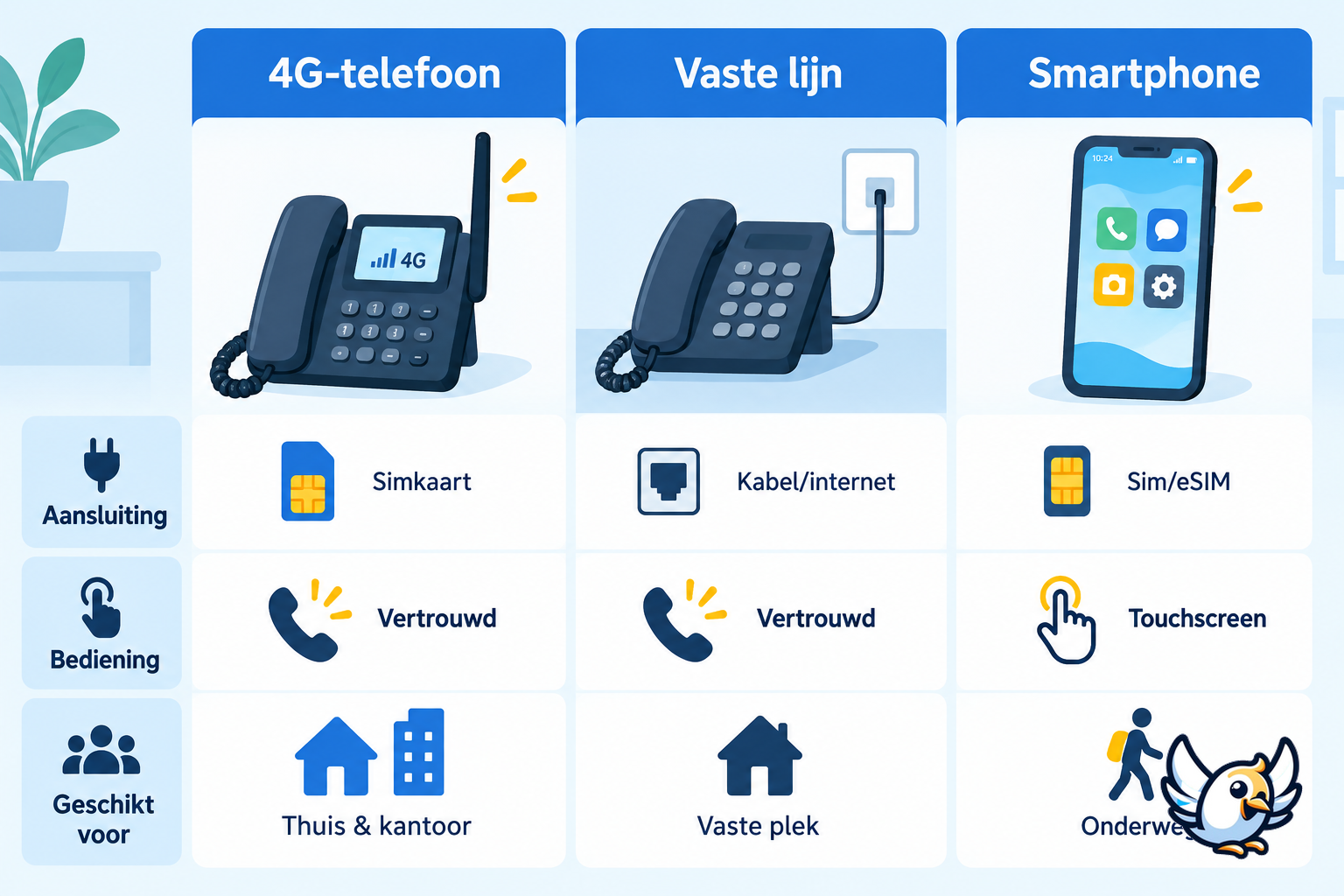 Vergelijking tussen een 4G-bureautelefoon, vaste lijn en smartphone