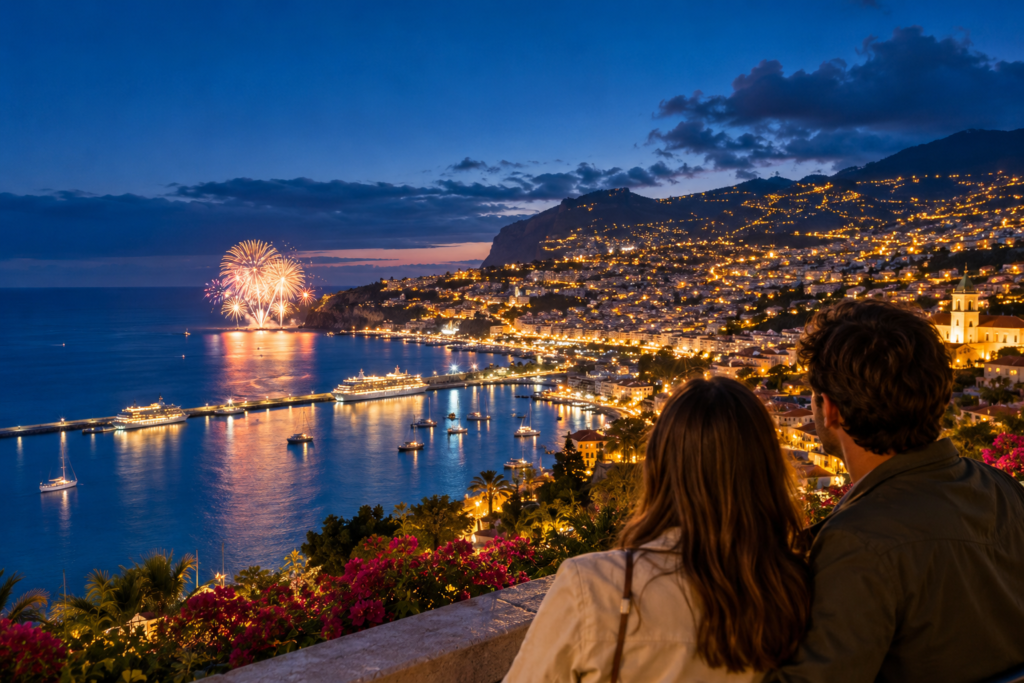Viagens de fim de ano na Madeira com vista para a baía iluminada do Funchal