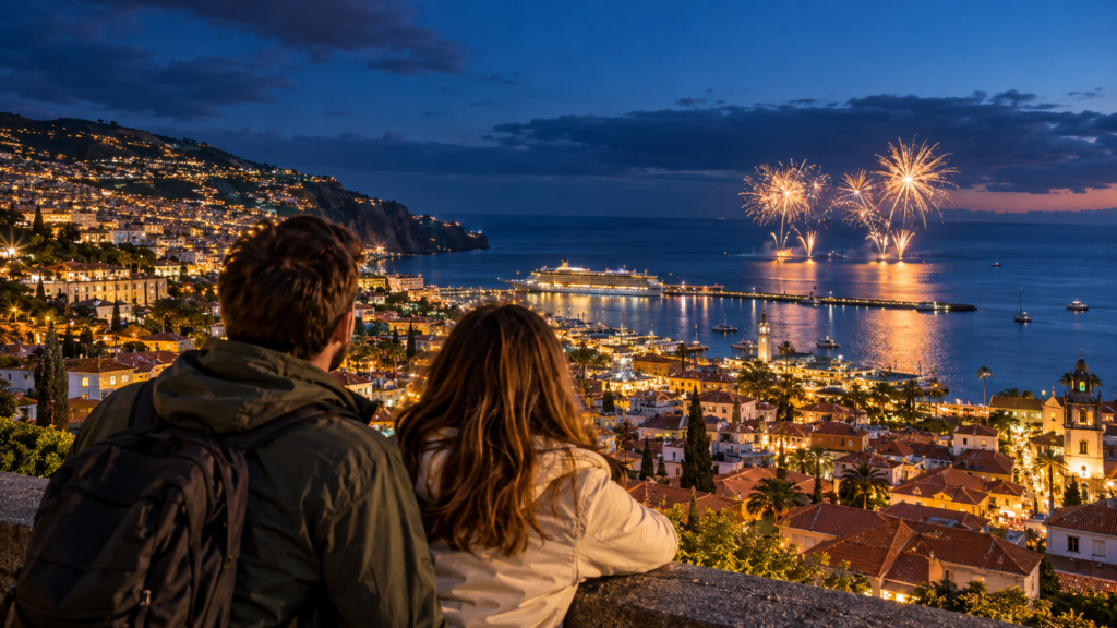 Viajes de fin de año a Madeira: viajeros contemplan los fuegos sobre la bahía de Funchal