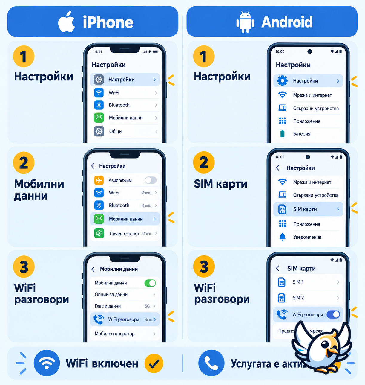 Включване на WiFi разговори на iPhone и Android