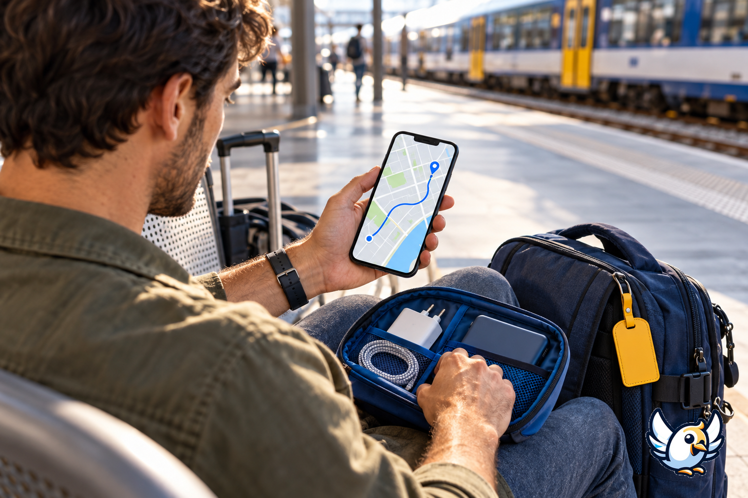 Voyageur préparant son téléphone et sa pochette de recharge avant le départ