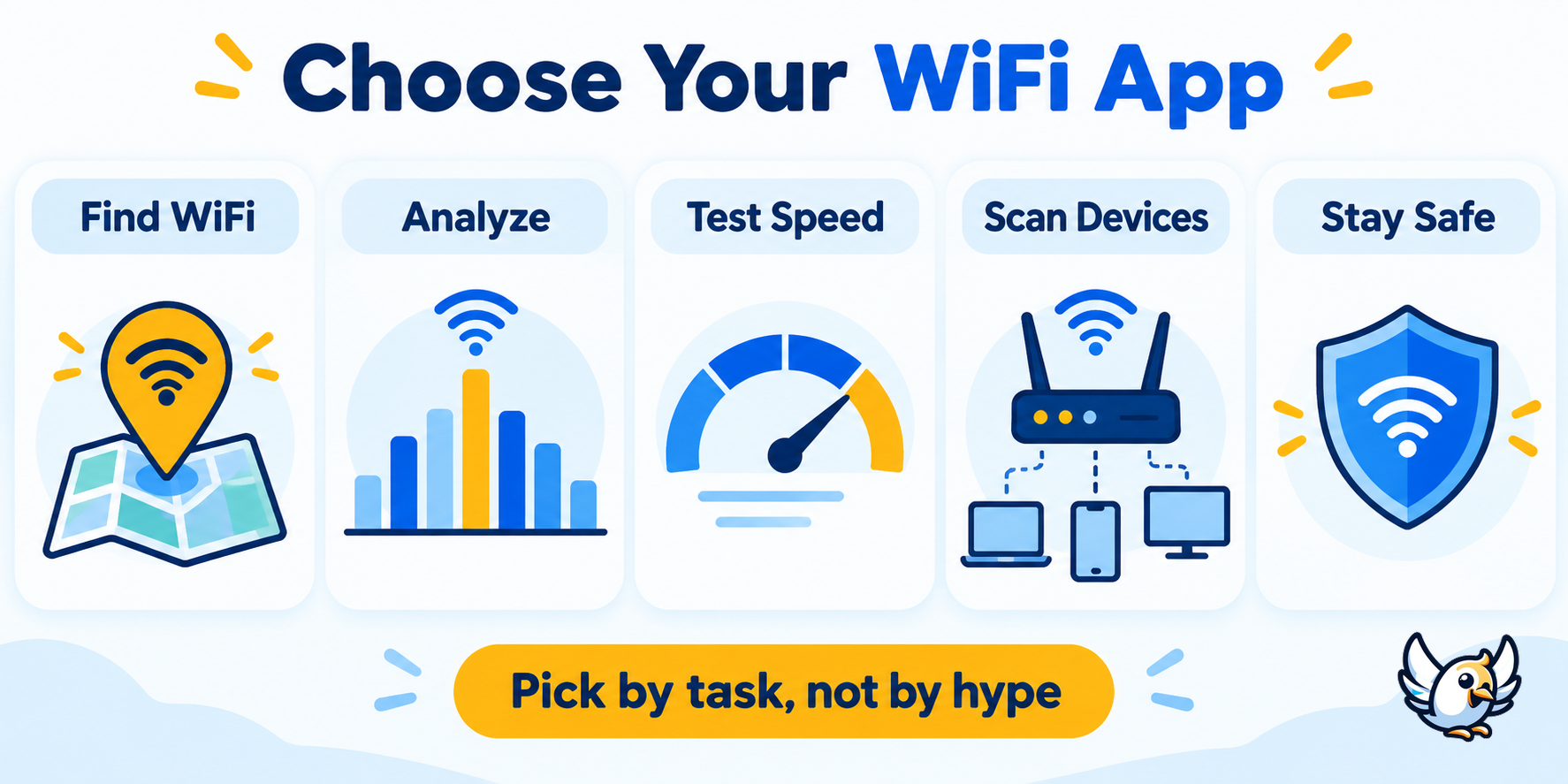 WiFi app types compared by purpose: hotspot finder, analyzer, speed test, device scanner and security