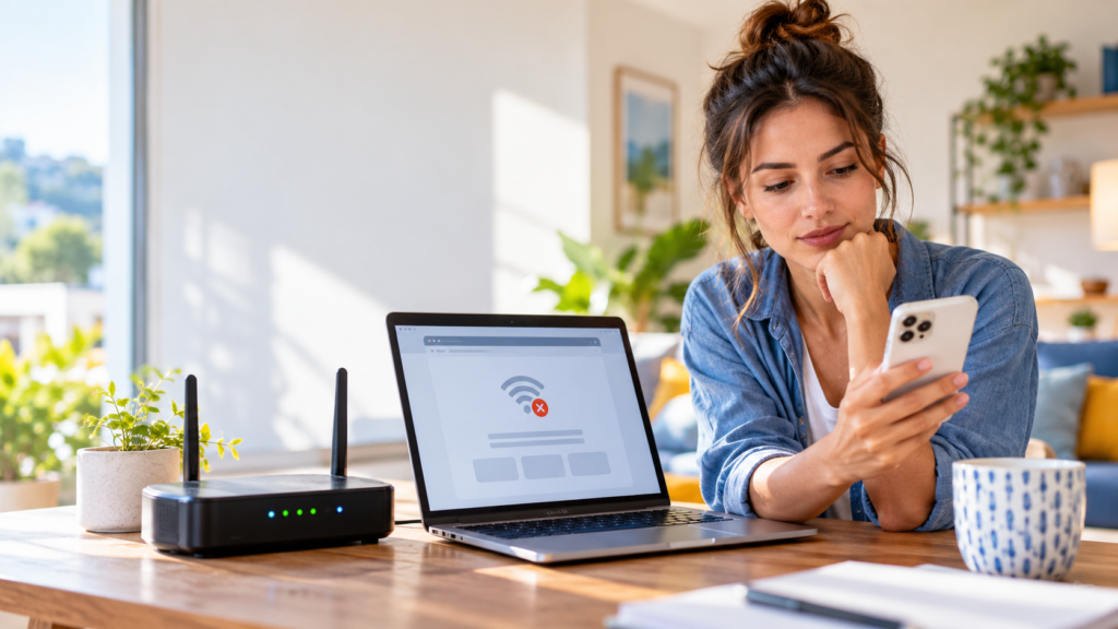 WiFi conectado sin internet: usuario revisando el router y sus dispositivos