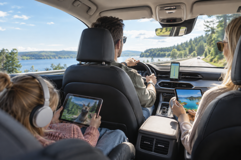Wifi i bilen: familj använder stabil internetanslutning under bilresa