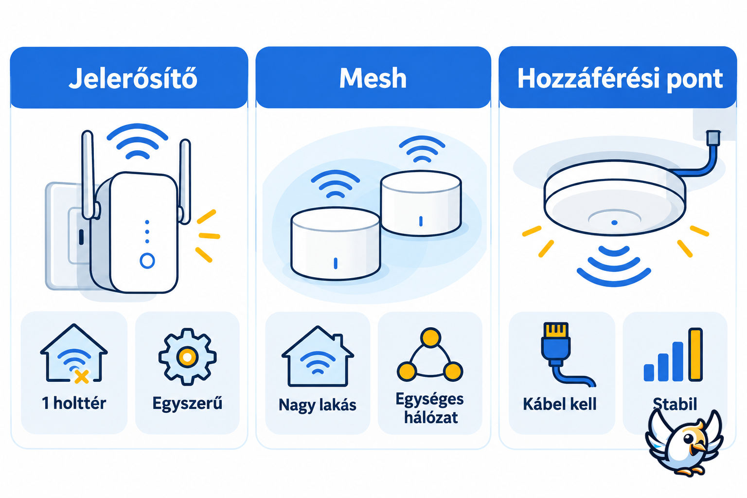 WiFi jelerősítő, mesh rendszer és hozzáférési pont összehasonlítása