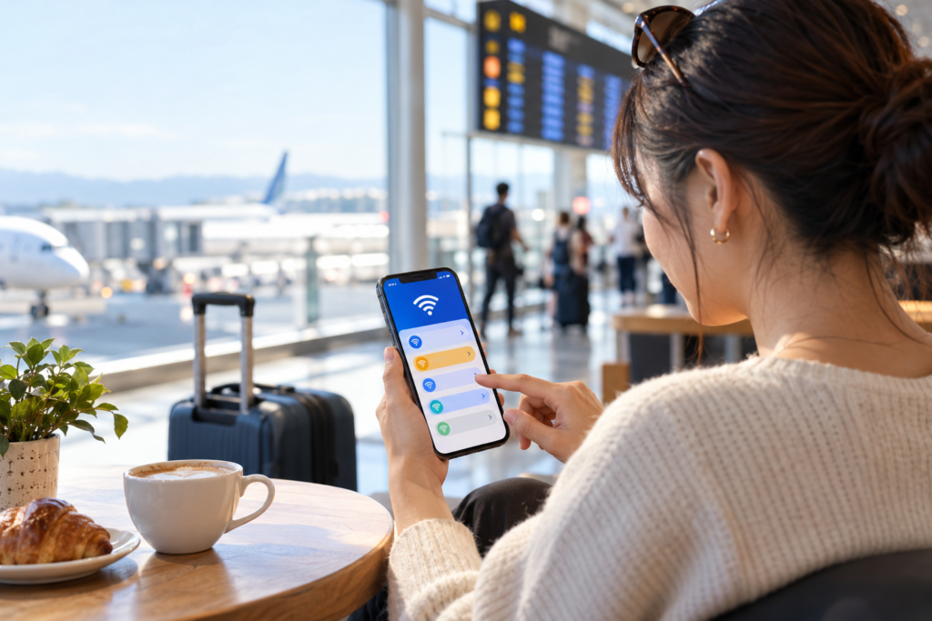 wifiアプリを使って空港で安全な接続先を探す旅行者