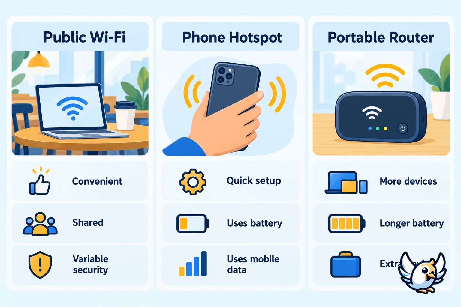 Wireless internet hotspot types compared: public Wi-Fi, phone hotspot and portable router