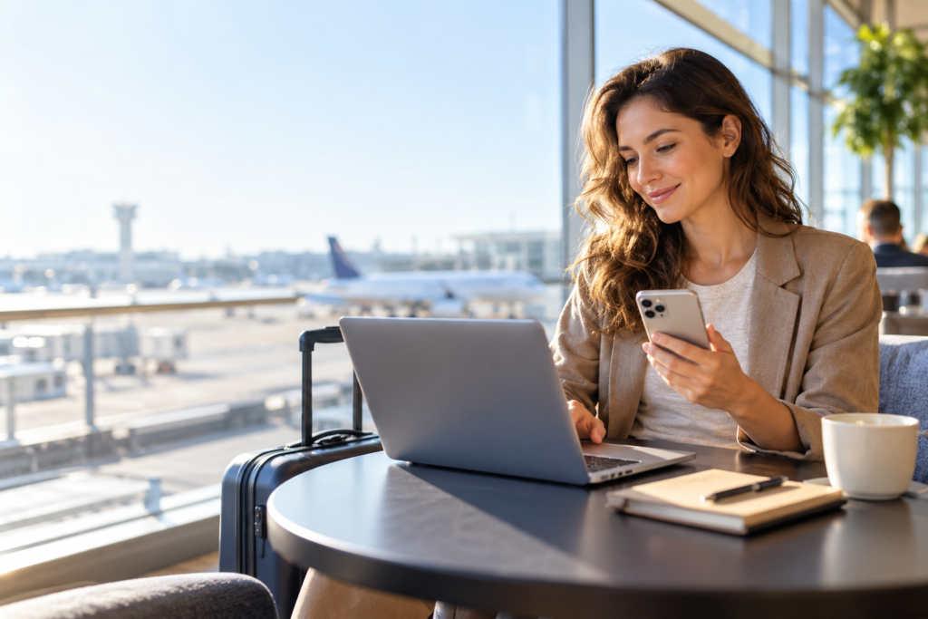 Wireless internet hotspot used by a traveler working securely on a laptop