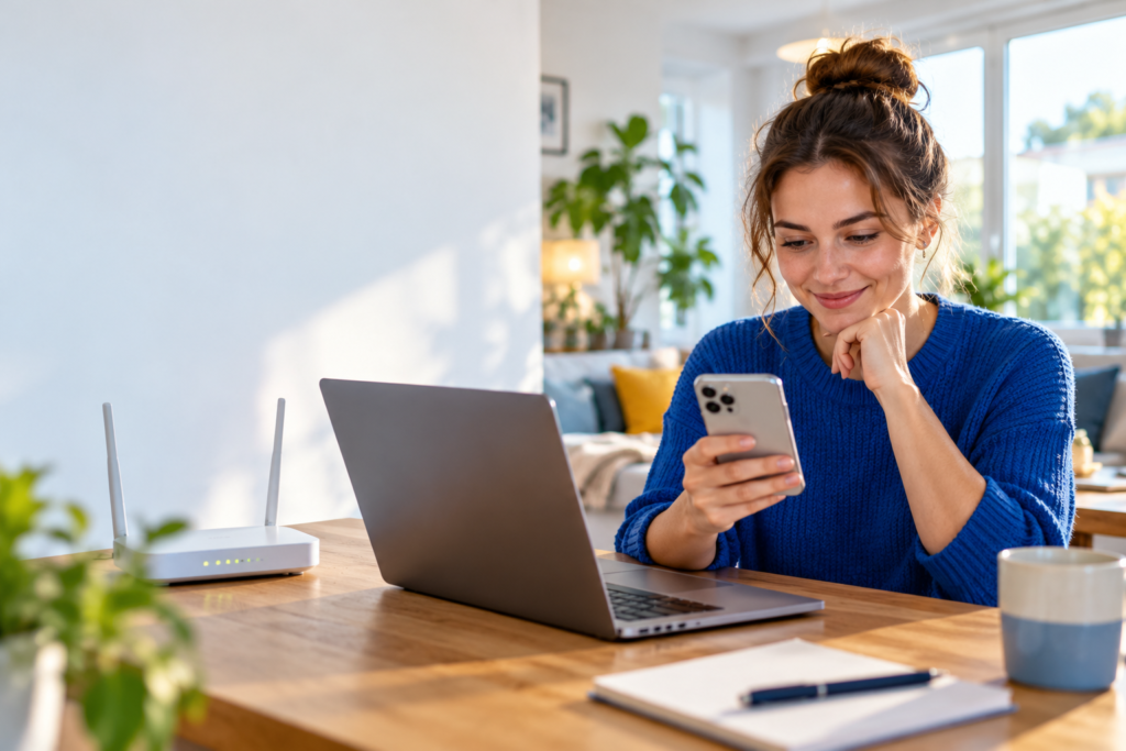 WLAN verbunden, aber kein Internet: Nutzer prüft Router und Smartphone
