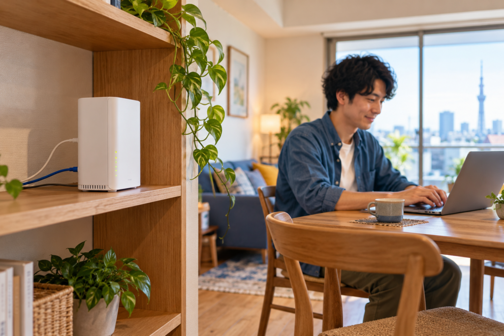光回線のWi-Fiルーターを開放的な棚に設置した日本のリビング