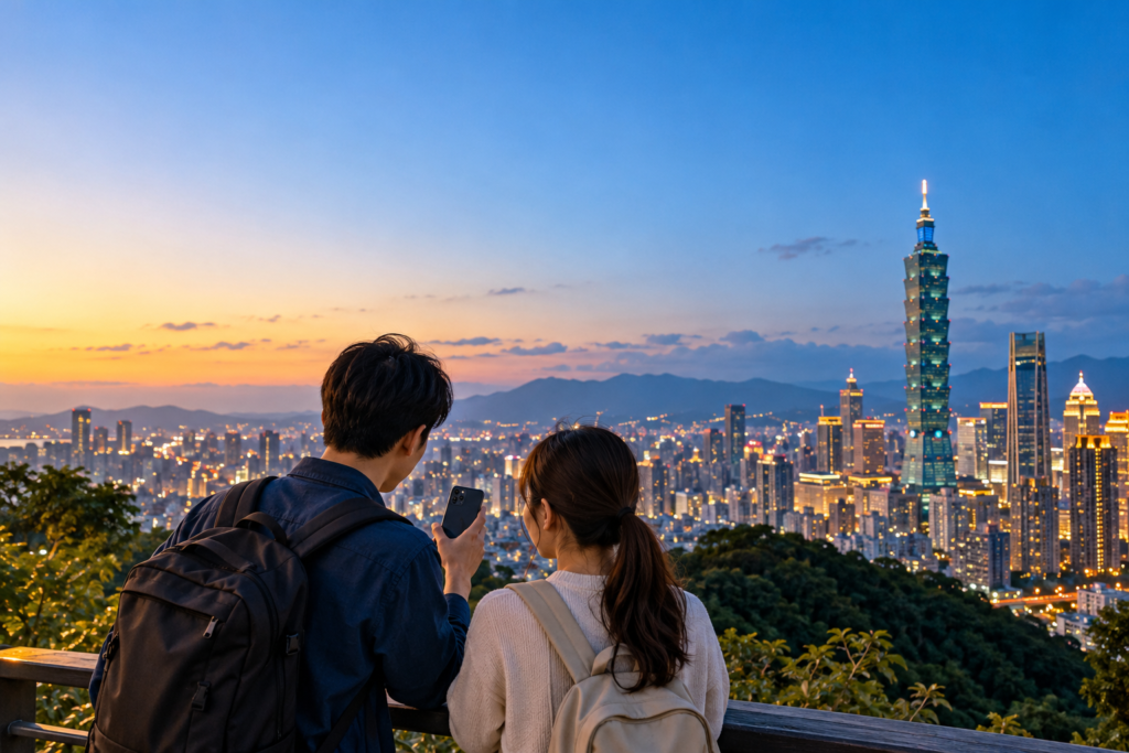 年末年始の海外旅行で台北の街並みを眺める日本人旅行者
