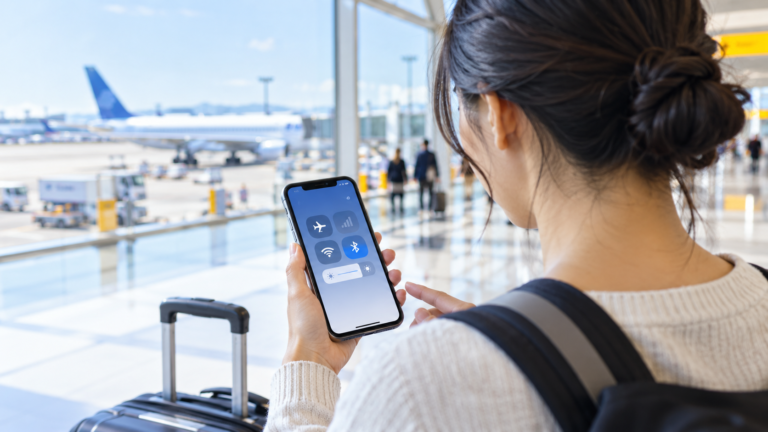 通信サービスがありませんと表示されたスマートフォンを確認する旅行者