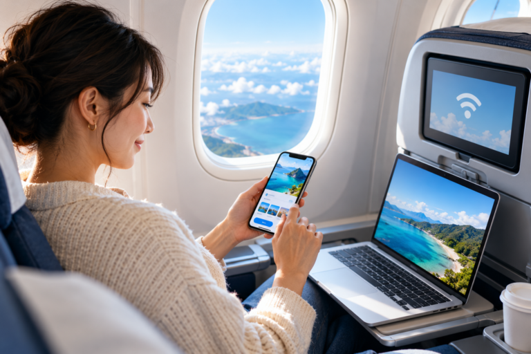 飛行機Wi-Fiを機内で使う旅行者とスマートフォン