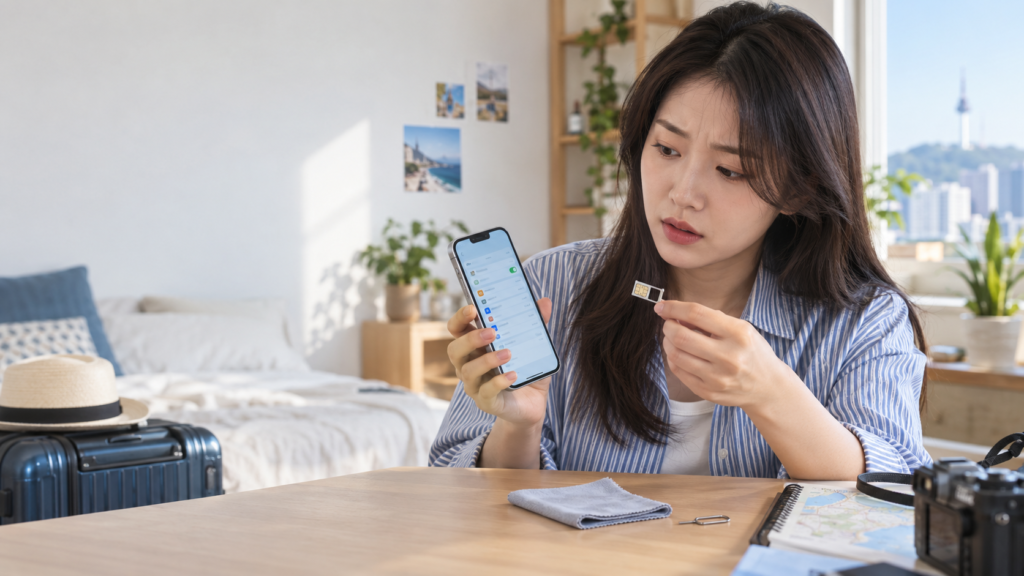 유심 인식 안됨 문제를 확인하며 스마트폰과 SIM 트레이를 점검하는 모습
